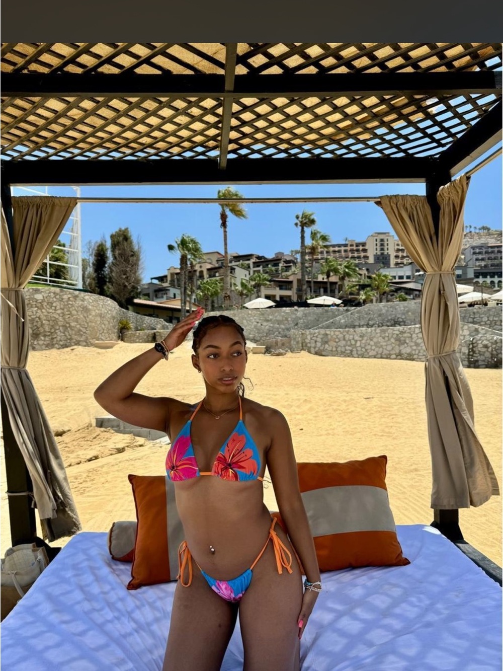 SHEIN Blue and Orange Floral Tie-Side Bikini Set